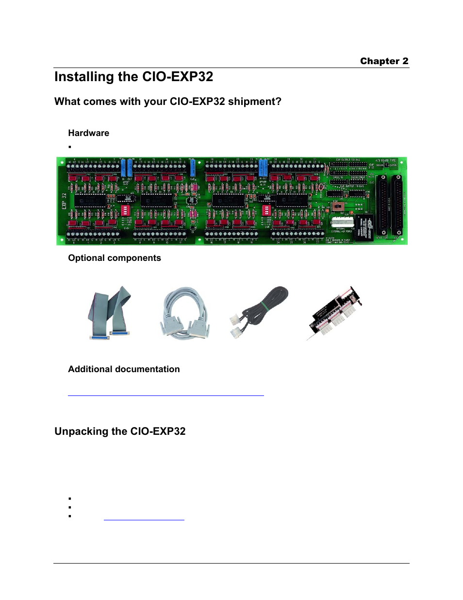 Installing the cio-exp32, What comes with your cio-exp32 shipment, Hardware | Optional components, Additional documentation, Unpacking the cio-exp32 | Measurement Computing CIO-EXP32 User Manual | Page 9 / 27