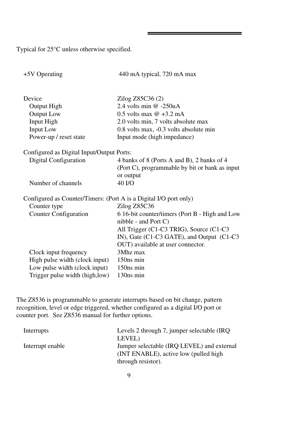0 specifications, Power consumption, Counter/timer and parallel i/o | Interrupts | Measurement Computing CIO-INT-32 User Manual | Page 13 / 24