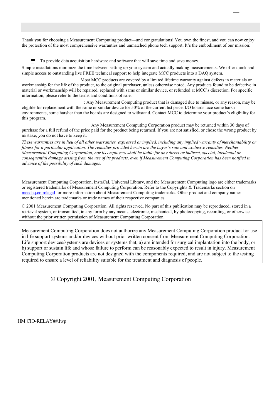 Management committed to your satisfaction, Copyright 2001, measurement computing corporation | Measurement Computing CIO-RELAY08 User Manual | Page 2 / 20