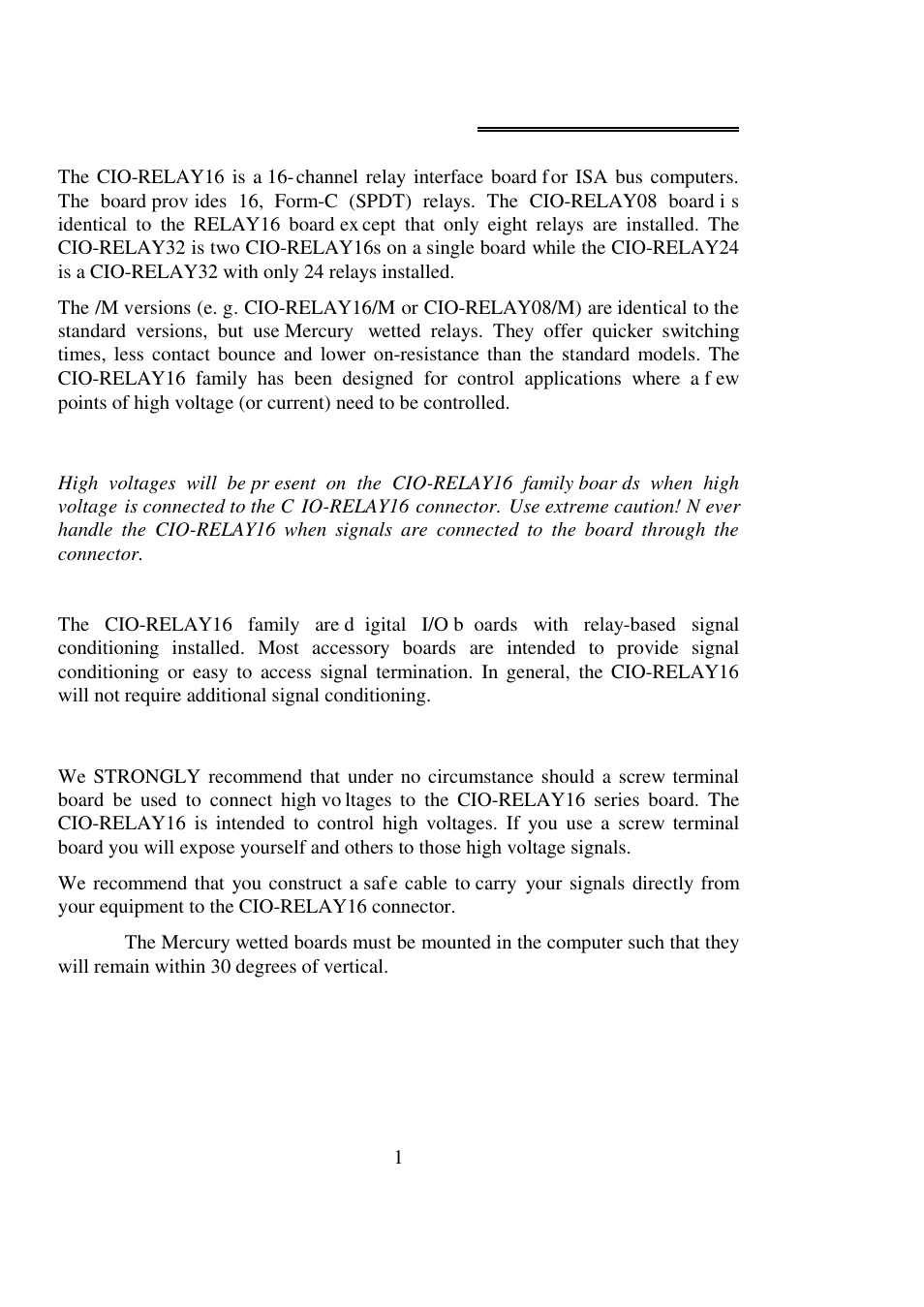 1 introduction, Warning | Measurement Computing CIO-RELAY08 User Manual | Page 5 / 20