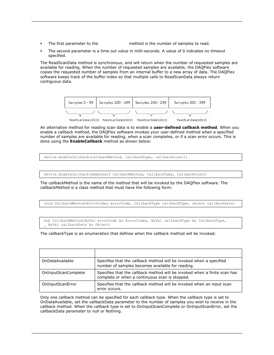 Readscandata() parameters, Internal buffer, Callbacktype | Measurement Computing DAQFlex User Guide User Manual | Page 20 / 125