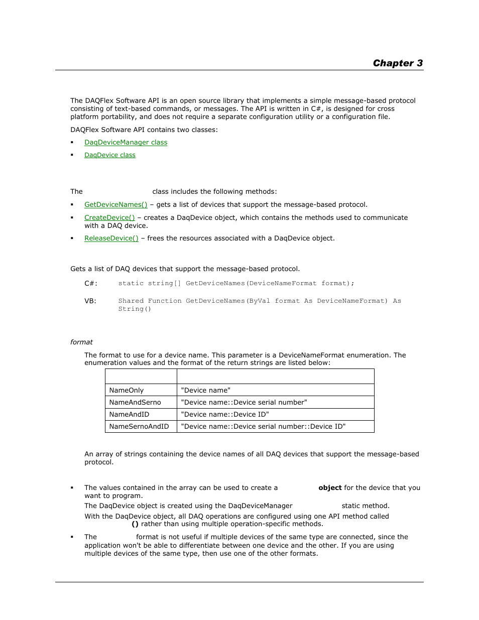 Daqflex software reference, Daqdevicemanager class, Daqdevicemanager.getdevicenames() | Chapter 3 | Measurement Computing DAQFlex User Guide User Manual | Page 24 / 125