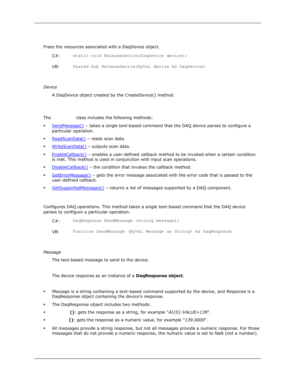 Daqdevicemanager.releasedevice(), Daqdevice class, Daqdevice.sendmessage() | Releasedevice() | Measurement Computing DAQFlex User Guide User Manual | Page 26 / 125