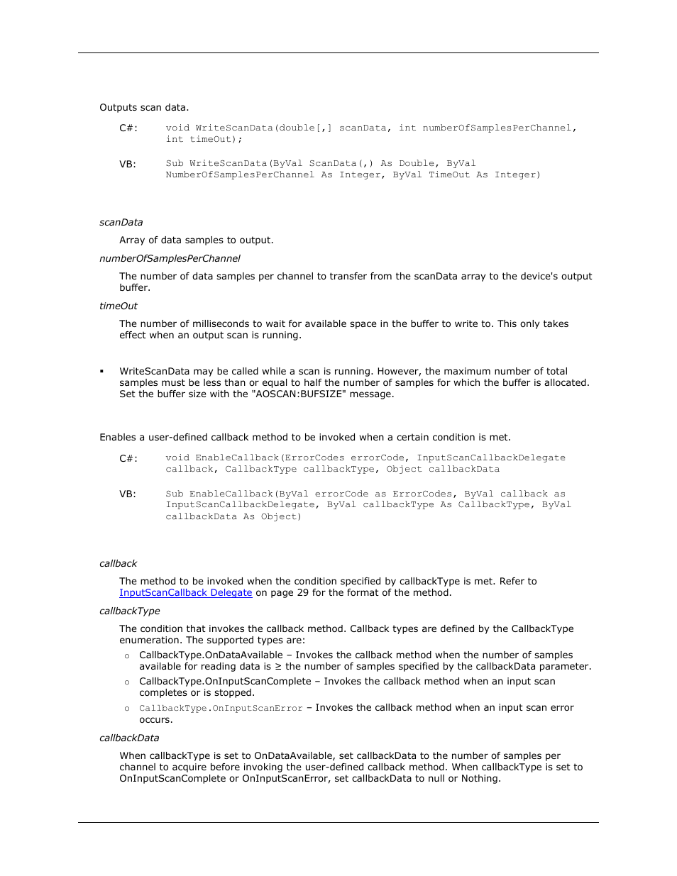 Daqdevice.writescandata(), Daqdevice.enablecallback(), Writescandata() | Enablecallback() | Measurement Computing DAQFlex User Guide User Manual | Page 28 / 125