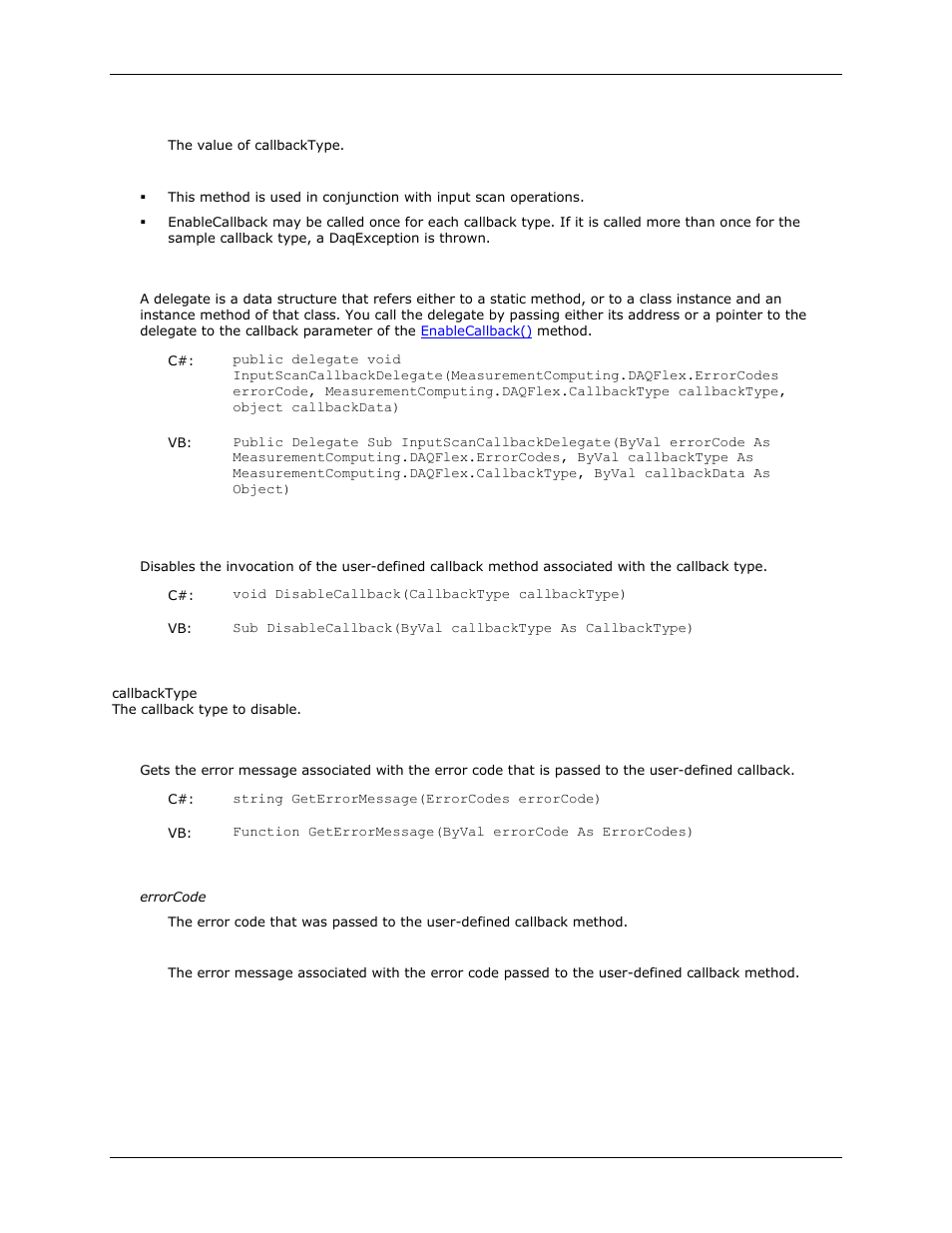Inputscancallback delegate, Daqdevice.disablecallback(), Daqdevice.geterrormessage() | Disablecallback(), Geterrormessage() | Measurement Computing DAQFlex User Guide User Manual | Page 29 / 125