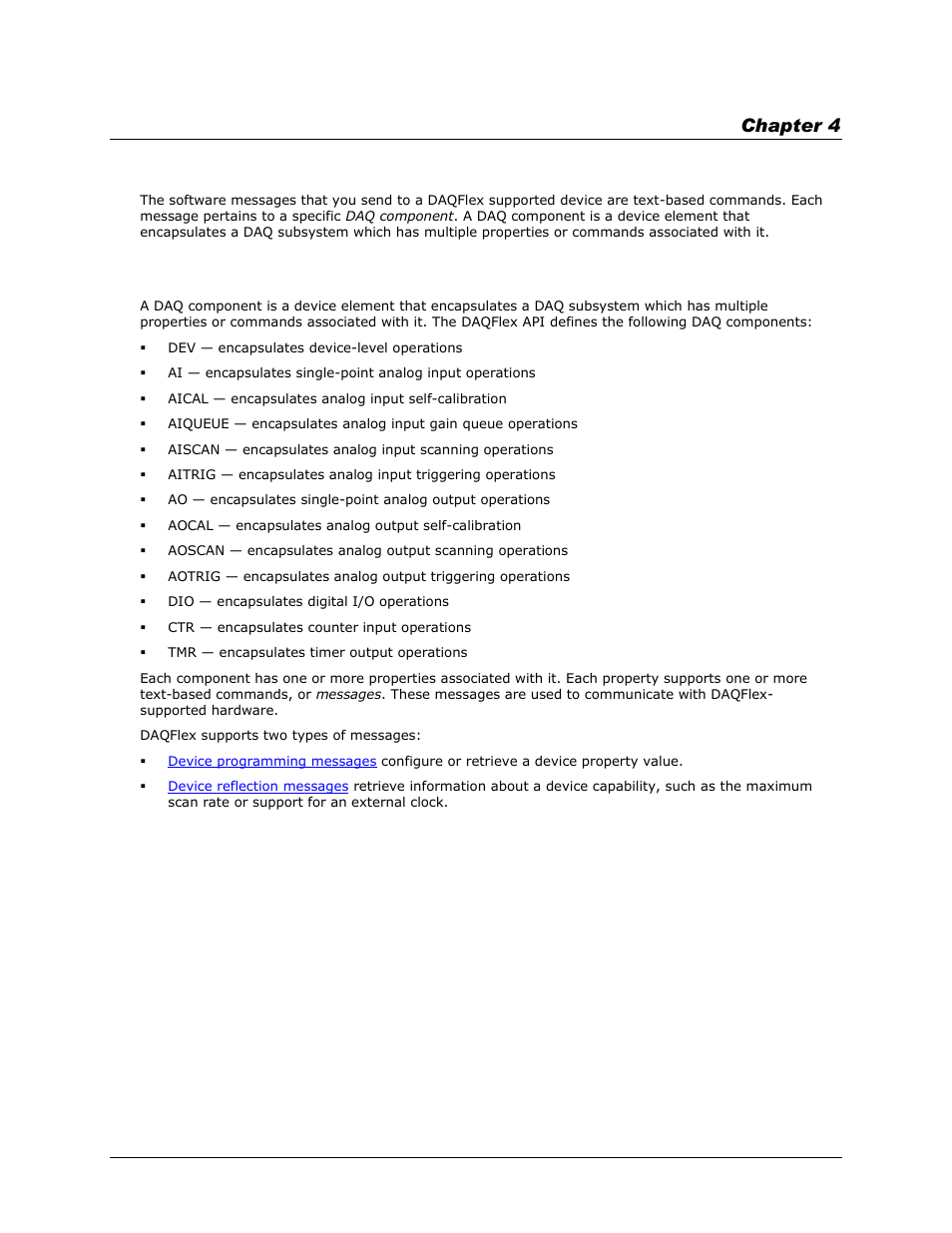 Daqflex message reference, Daqflex components, Chapter 4 | Measurement Computing DAQFlex User Guide User Manual | Page 31 / 125