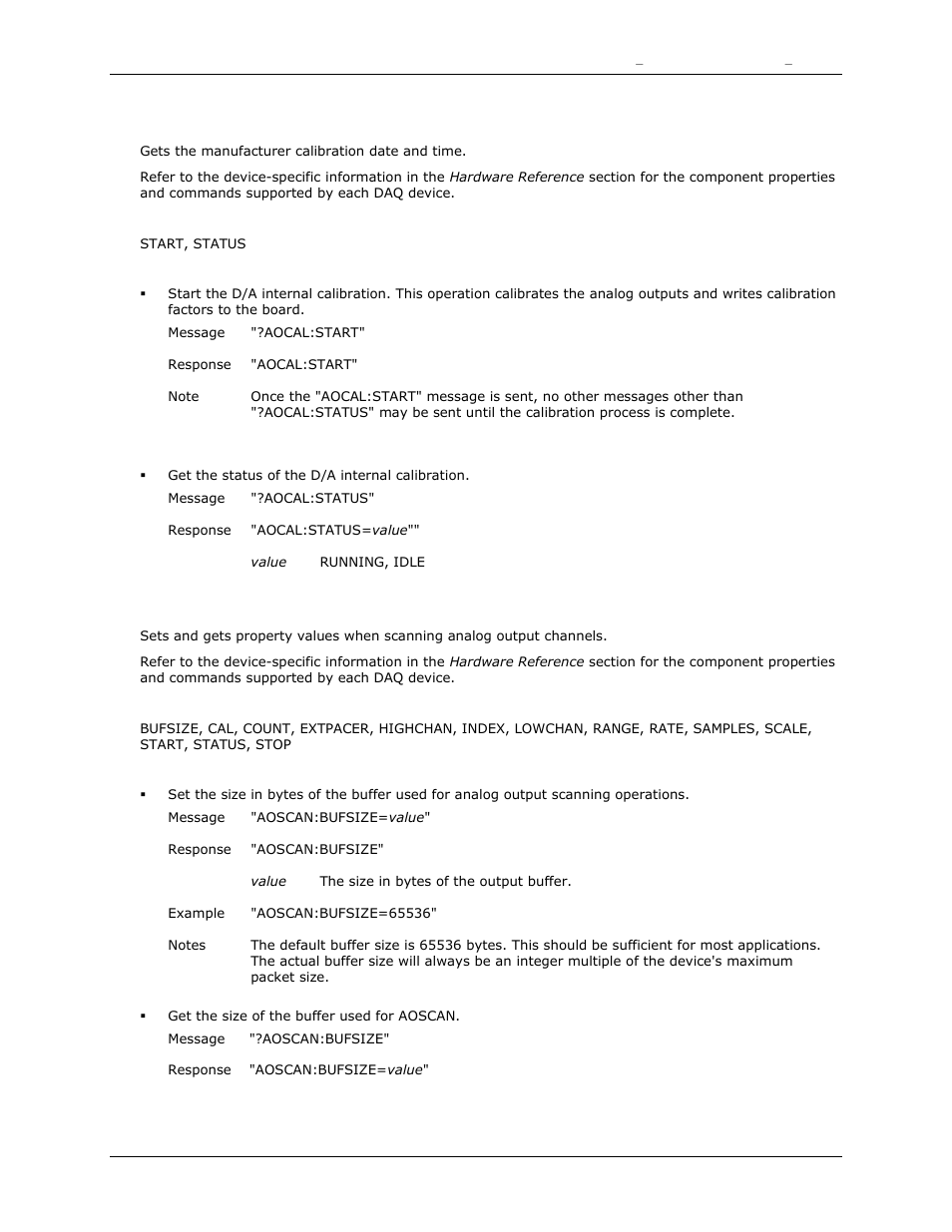 Aocal, Start, Status | Aoscan, Bufsize | Measurement Computing DAQFlex User Guide User Manual | Page 55 / 125