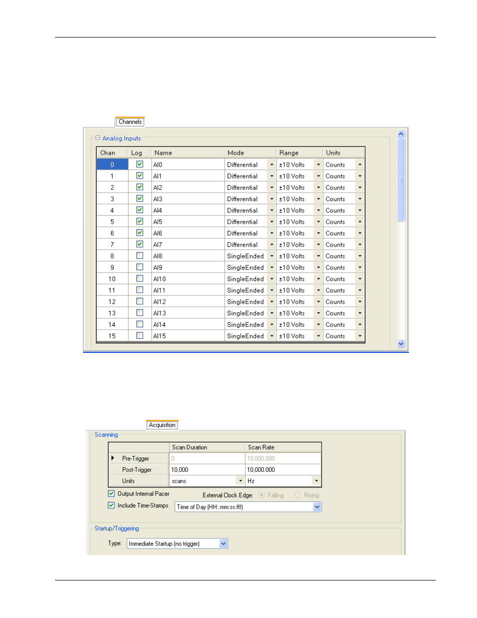 Modifying channels parameters, Modifying acquisition parameters | Measurement Computing DAQLog User Guide User Manual | Page 29 / 44