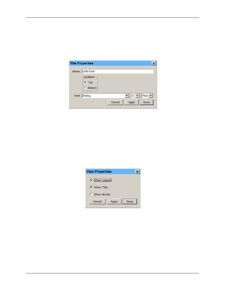 Setting title properties, Setting view properties, Graph label properties | Dialog box, Adding a graph label | Measurement Computing USB-5100 Series User Manual | Page 39 / 64