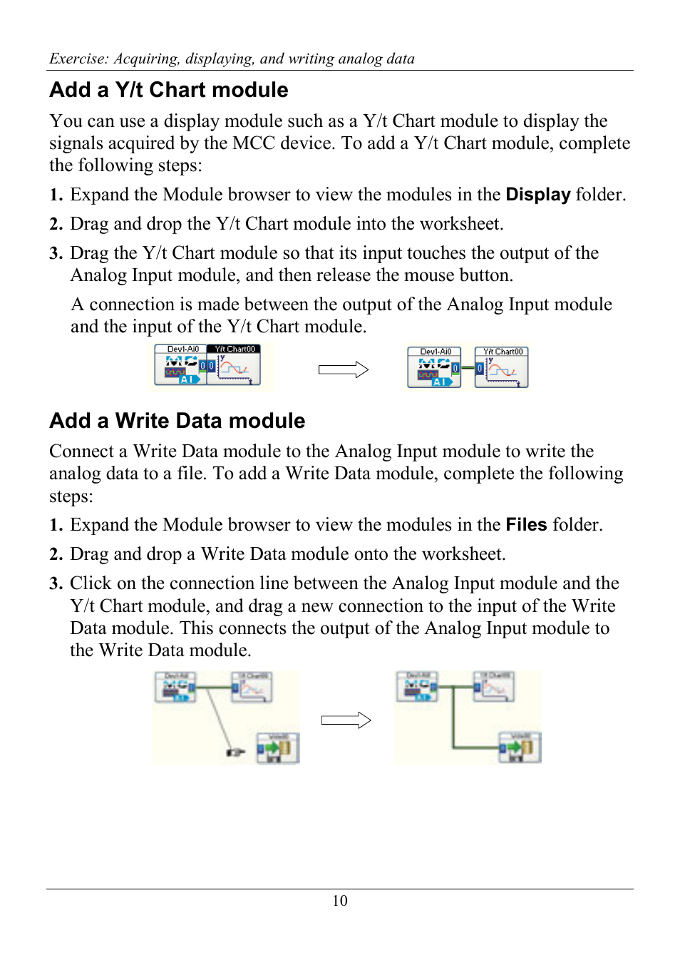 Add a y/t chart module, Add a write data module | Measurement Computing DASYLab Getting Started User Manual | Page 10 / 16