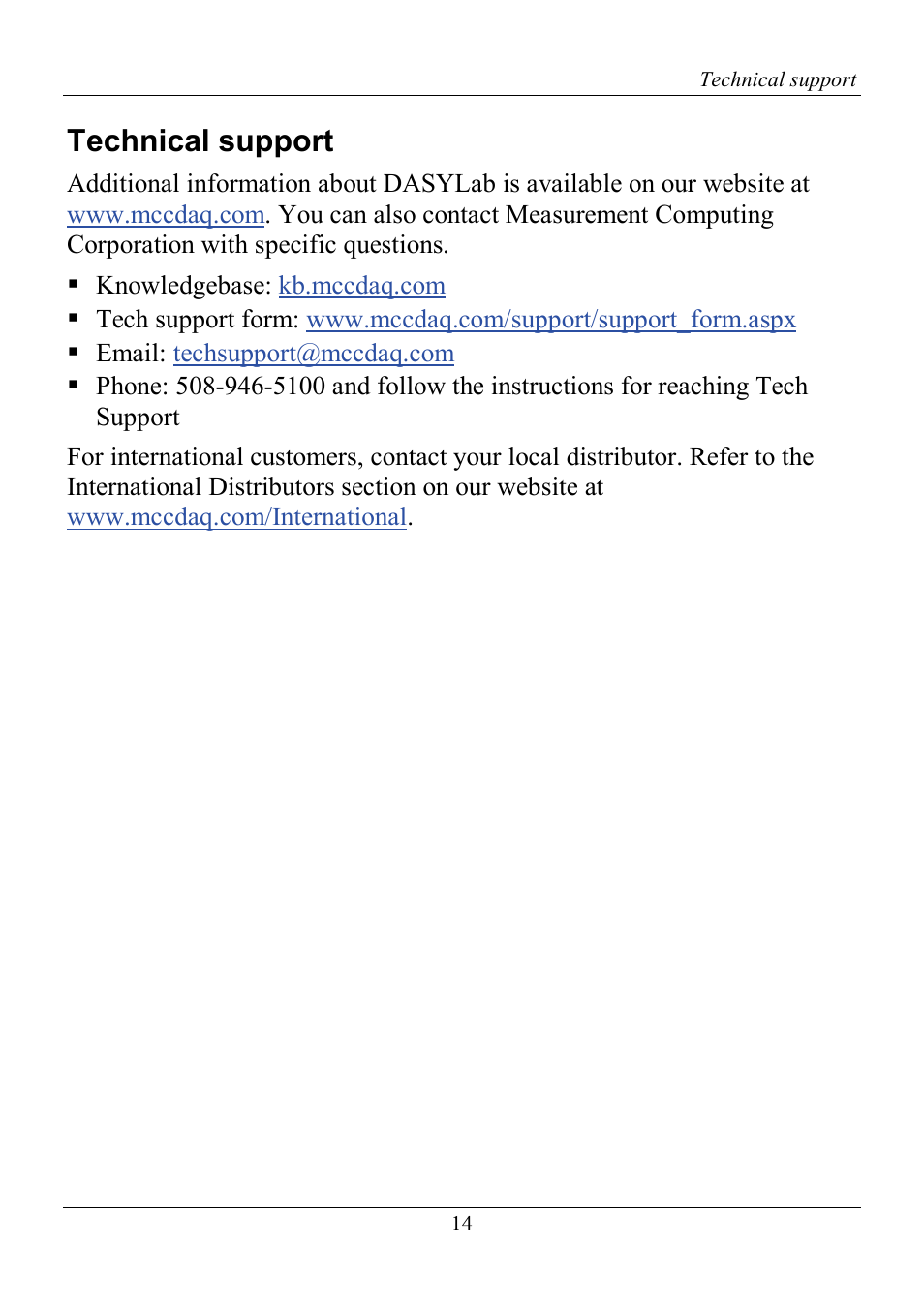 Technical support | Measurement Computing DASYLab Getting Started User Manual | Page 14 / 16