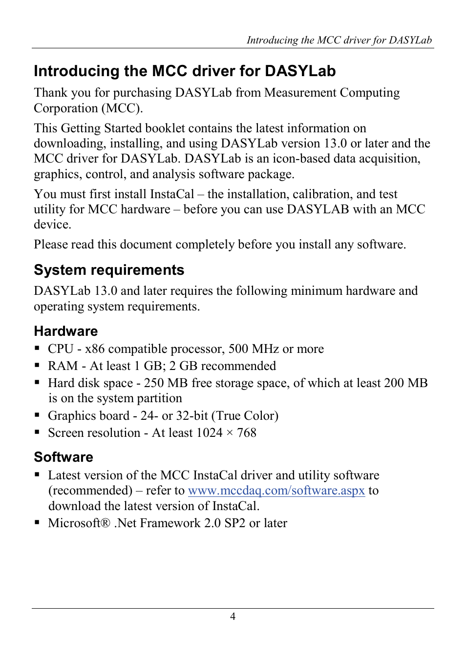 Introducing the mcc driver for dasylab, System requirements, Hardware | Software | Measurement Computing DASYLab Getting Started User Manual | Page 4 / 16