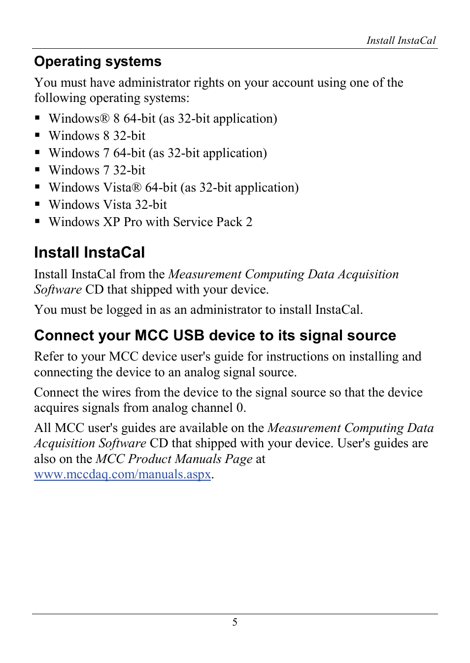 Operating systems, Install instacal, Connect your mcc usb device to its signal source | Measurement Computing DASYLab Getting Started User Manual | Page 5 / 16