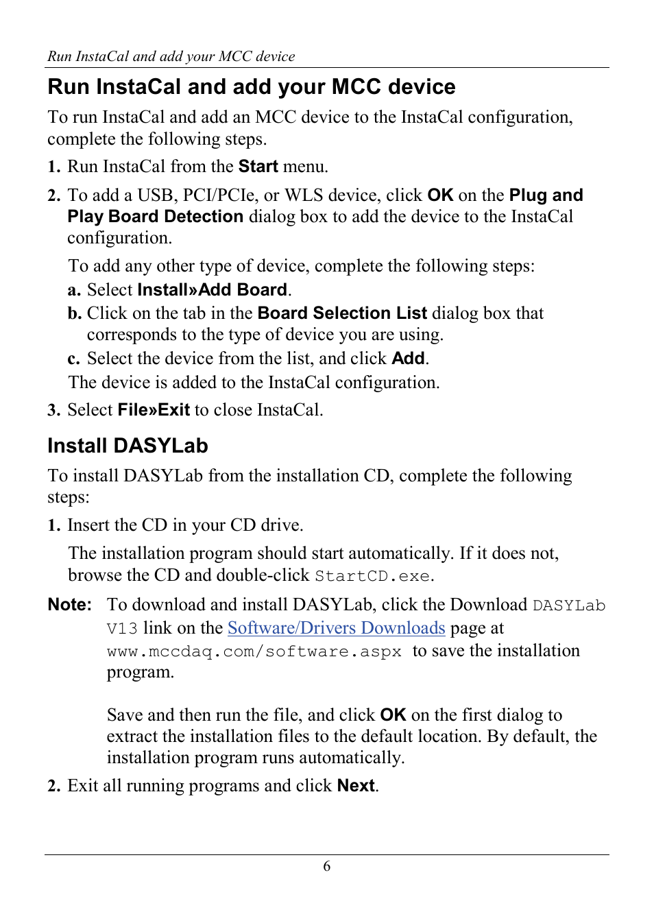 Run instacal and add your mcc device, Install dasylab | Measurement Computing DASYLab Getting Started User Manual | Page 6 / 16