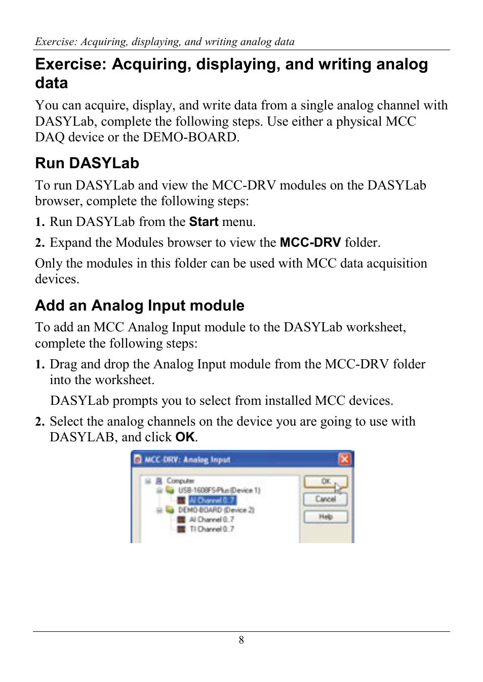 Run dasylab, Add an analog input module | Measurement Computing DASYLab Getting Started User Manual | Page 8 / 16