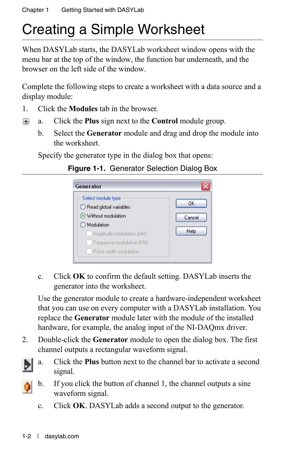 Creating a simple worksheet, Creating a simple worksheet -2 | Measurement Computing DASYLab User Manual User Manual | Page 12 / 76