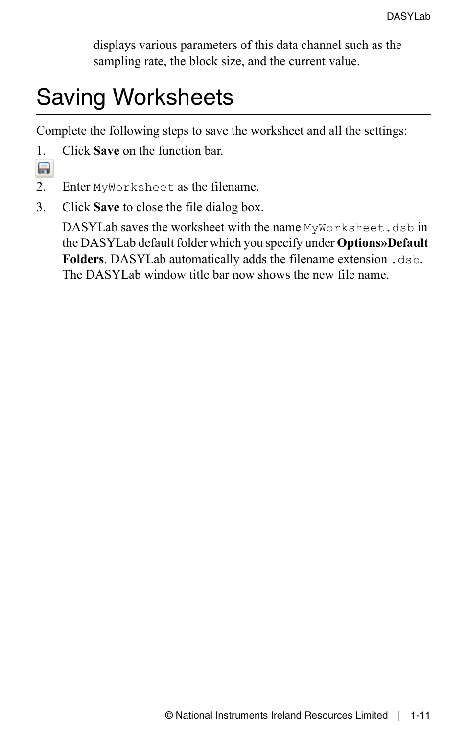 Saving worksheets, Saving worksheets -11 | Measurement Computing DASYLab User Manual User Manual | Page 21 / 76
