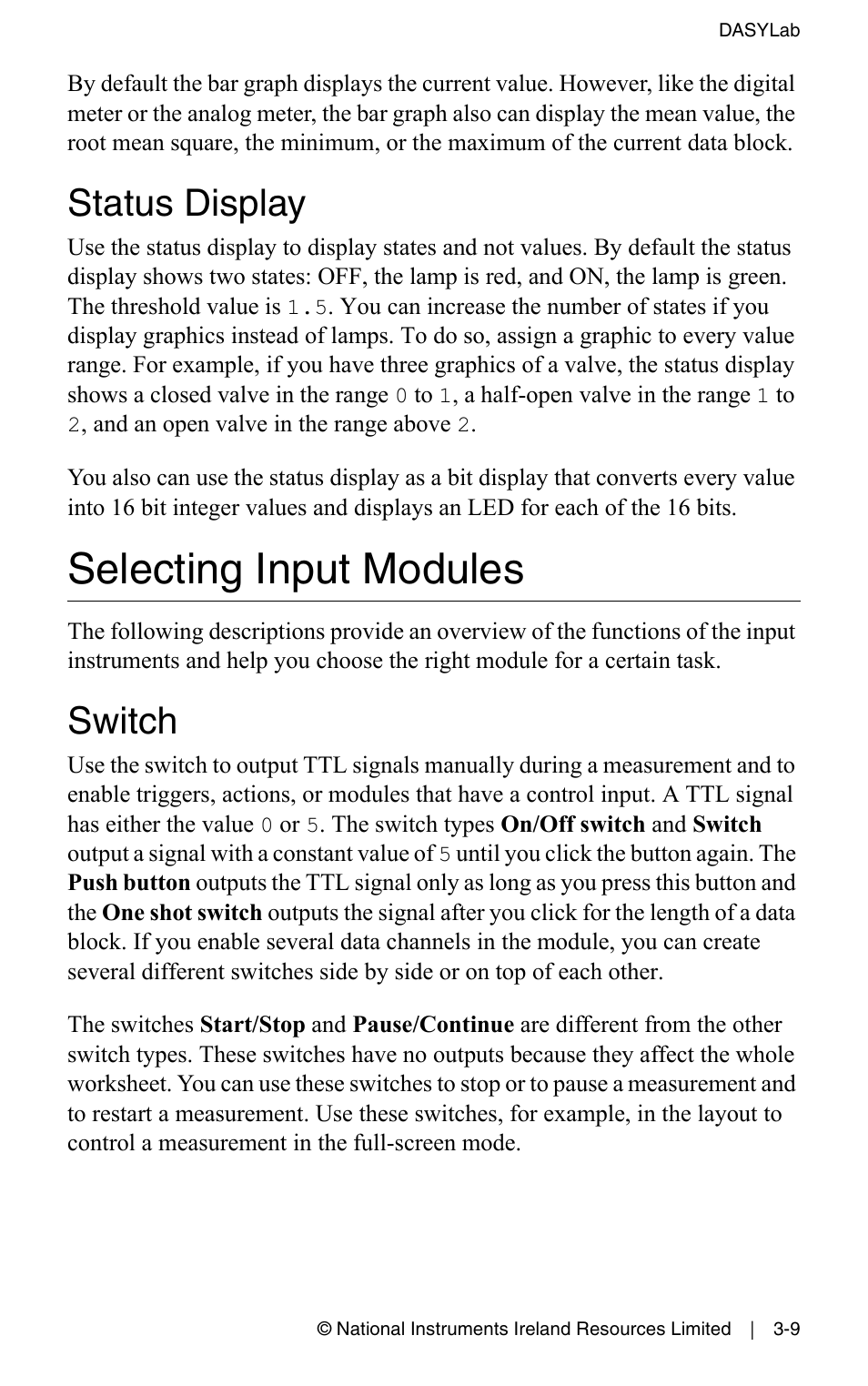 Status display, Selecting input modules, Switch | Status display -9, Selecting input modules -9, Switch -9 | Measurement Computing DASYLab User Manual User Manual | Page 38 / 76
