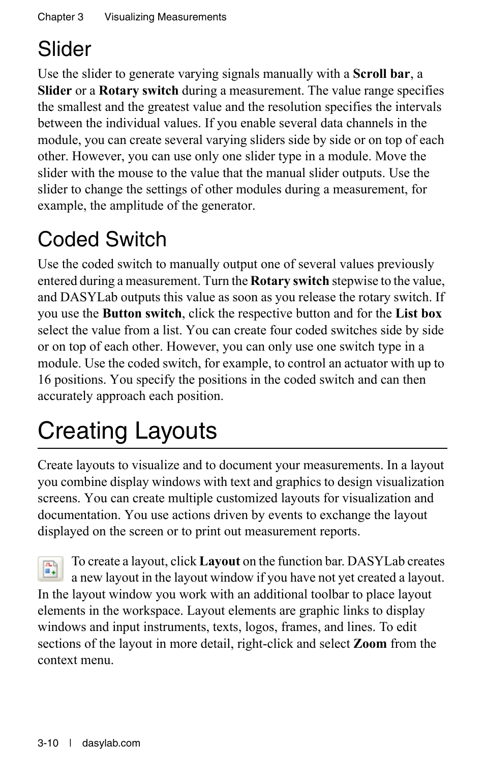 Slider, Coded switch, Creating layouts | Slider -10 coded switch -10, Creating layouts -10 | Measurement Computing DASYLab User Manual User Manual | Page 39 / 76