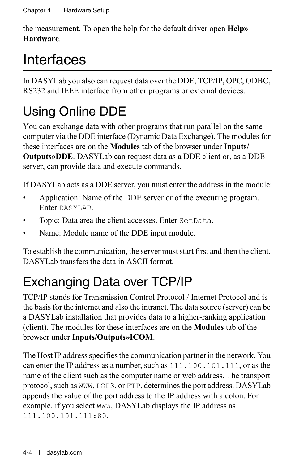 Interfaces, Using online dde, Exchanging data over tcp/ip | Interfaces -4, Using online dde -4 exchanging data over tcp/ip -4 | Measurement Computing DASYLab User Manual User Manual | Page 46 / 76