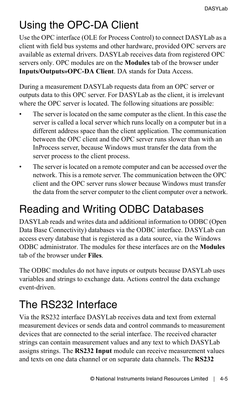 Using the opc-da client, Reading and writing odbc databases, The rs232 interface | Measurement Computing DASYLab User Manual User Manual | Page 47 / 76