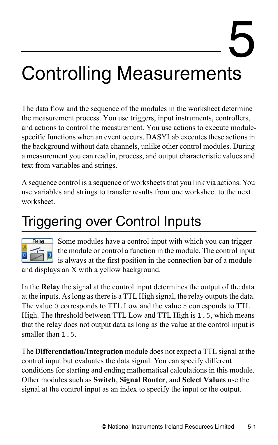 Controlling measurements, Triggering over control inputs, Chapter 5 controlling measurements | Triggering over control inputs -1 | Measurement Computing DASYLab User Manual User Manual | Page 49 / 76