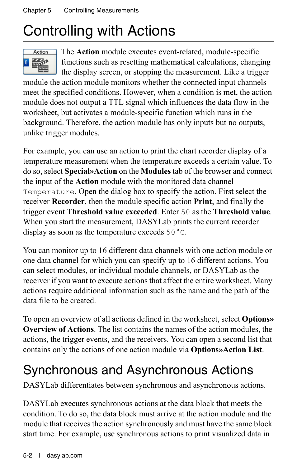 Controlling with actions, Synchronous and asynchronous actions, Controlling with actions -2 | Synchronous and asynchronous actions -2 | Measurement Computing DASYLab User Manual User Manual | Page 50 / 76