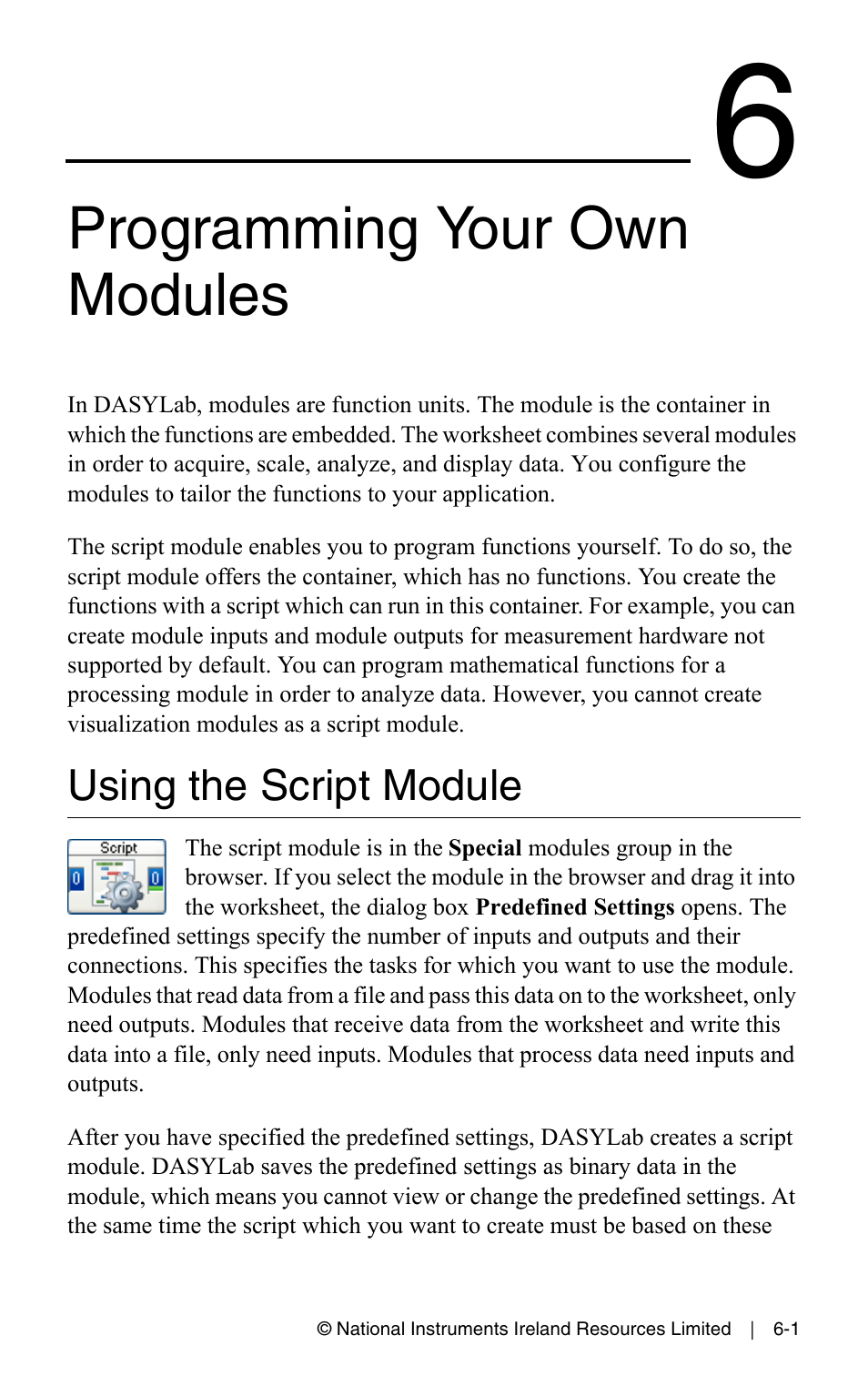Programming your own modules, Using the script module, Chapter 6 programming your own modules | Using the script module -1 | Measurement Computing DASYLab User Manual User Manual | Page 55 / 76