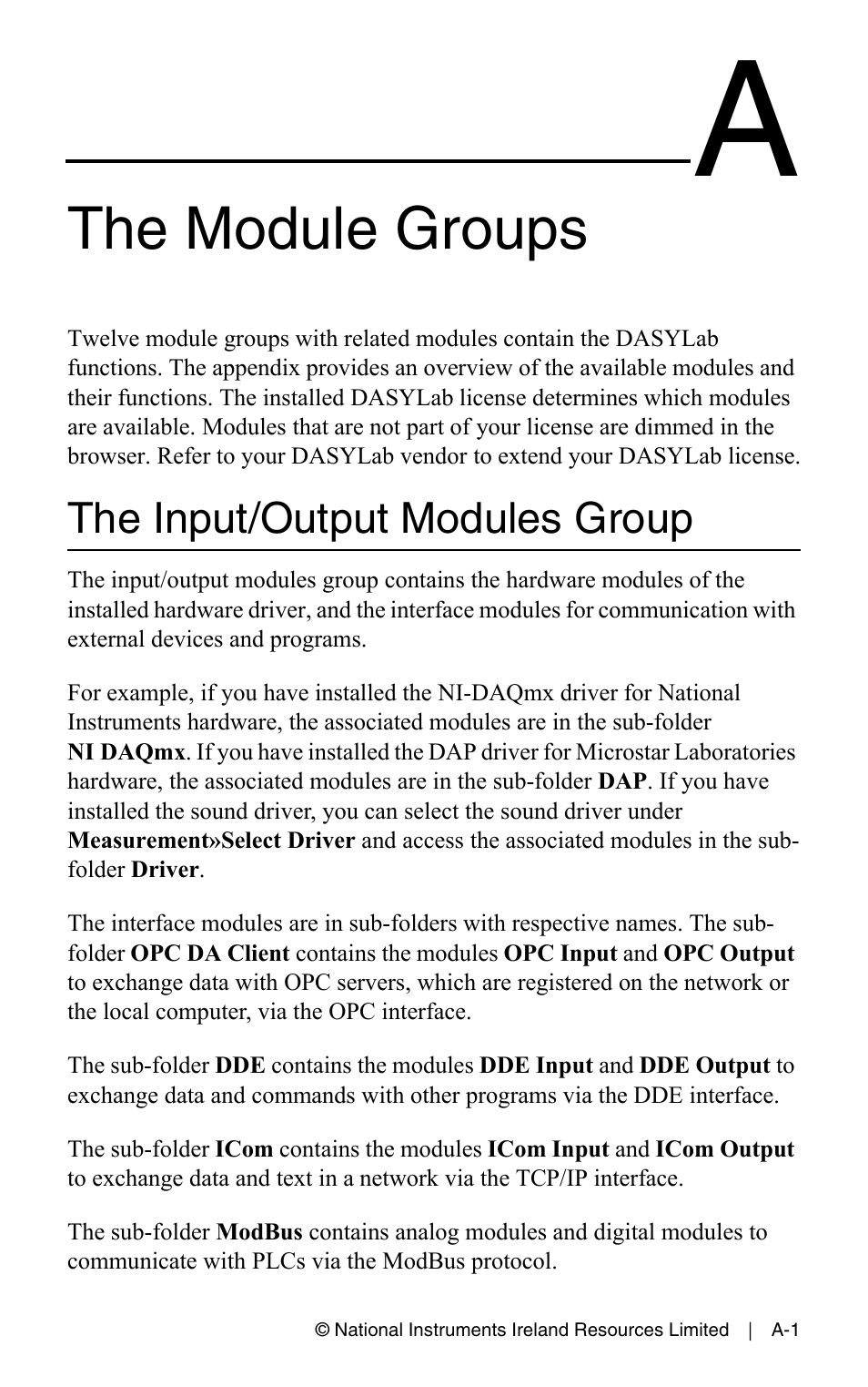 The module groups, The input/output modules group, Appendix a the module groups | Lists all ava | Measurement Computing DASYLab User Manual User Manual | Page 63 / 76