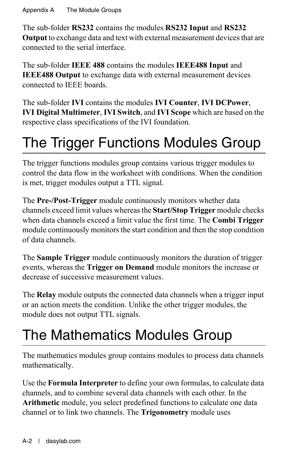 The trigger functions modules group, The mathematics modules group | Measurement Computing DASYLab User Manual User Manual | Page 64 / 76