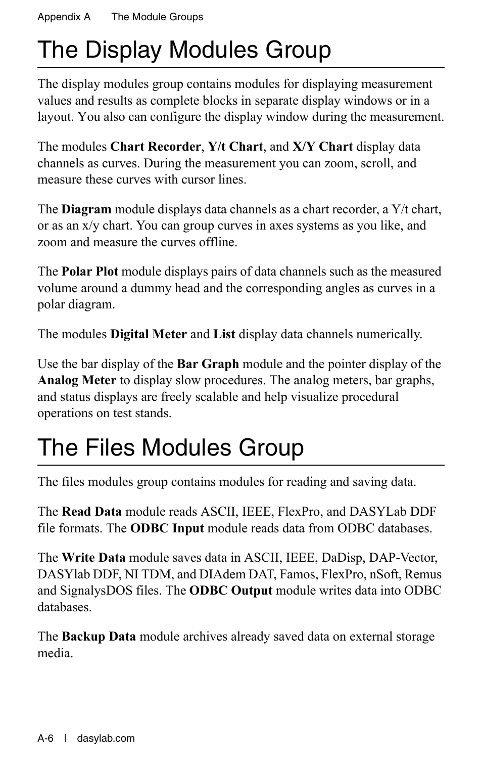 The display modules group, The files modules group | Measurement Computing DASYLab User Manual User Manual | Page 68 / 76