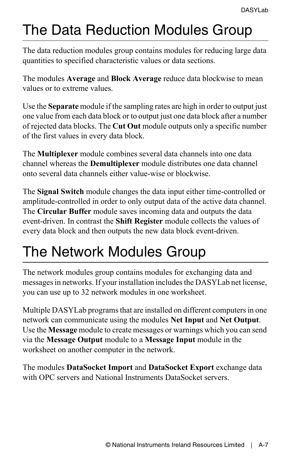 The data reduction modules group, The network modules group | Measurement Computing DASYLab User Manual User Manual | Page 69 / 76