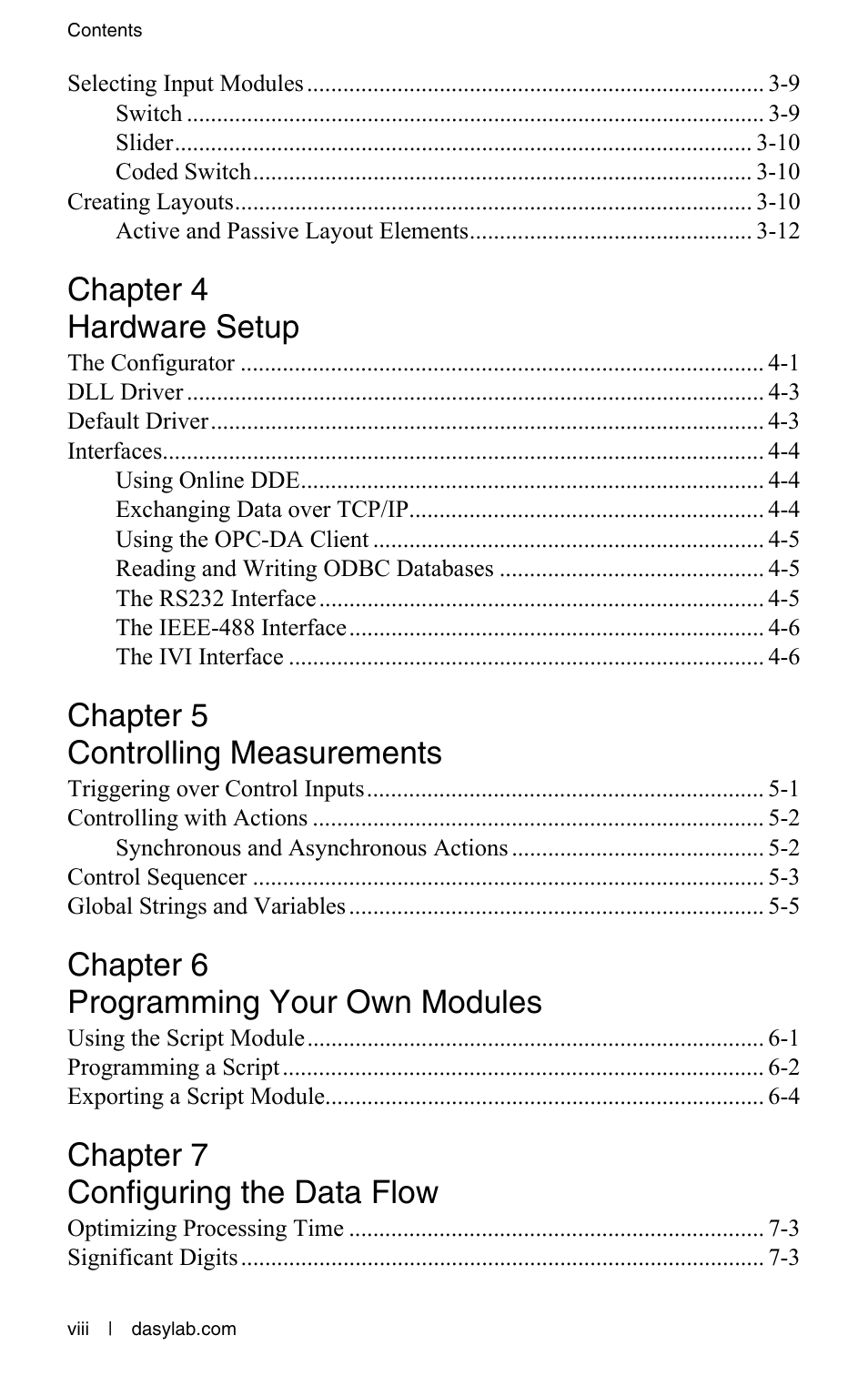 Chapter 4 hardware setup, Chapter 5 controlling measurements, Chapter 6 programming your own modules | Chapter 7 configuring the data flow | Measurement Computing DASYLab User Manual User Manual | Page 7 / 76
