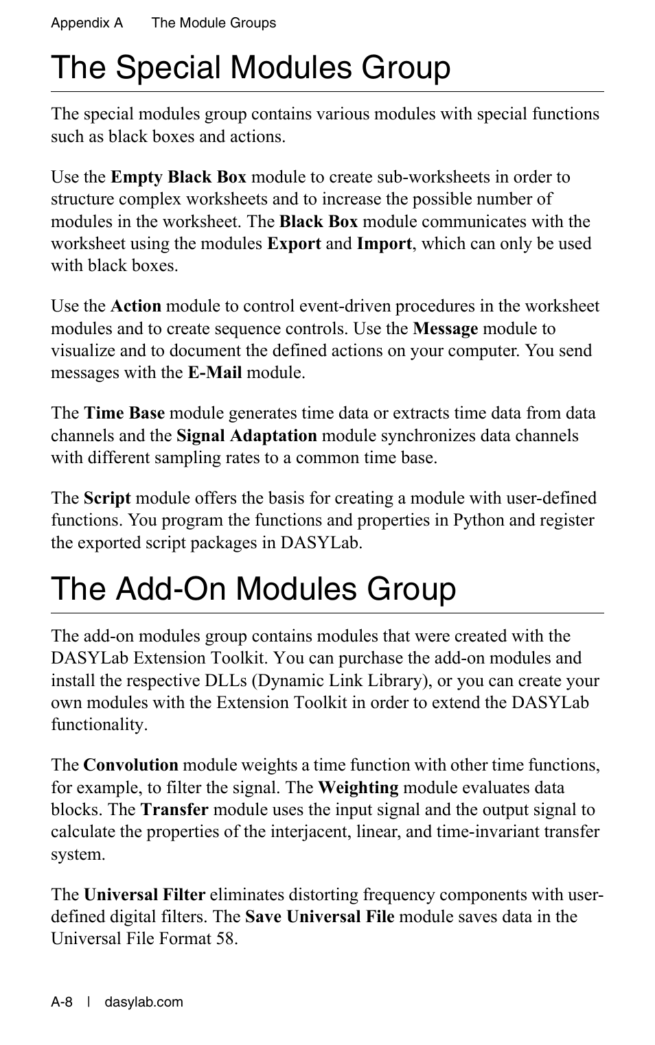 The special modules group, The add-on modules group | Measurement Computing DASYLab User Manual User Manual | Page 70 / 76