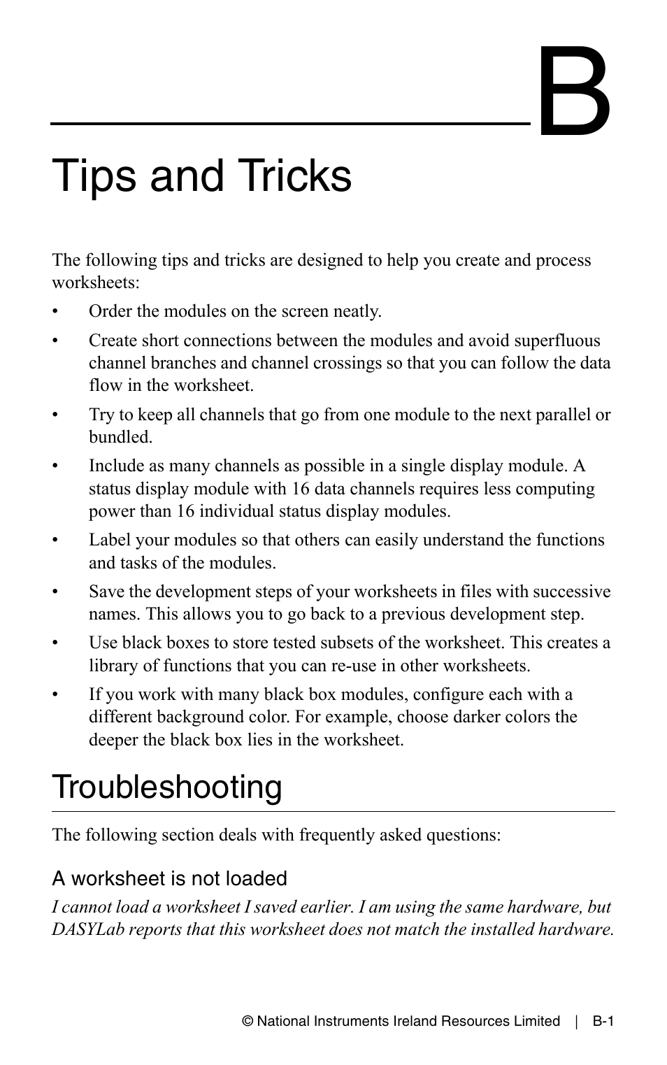Tips and tricks, Troubleshooting, Appendix b tips and tricks | Measurement Computing DASYLab User Manual User Manual | Page 71 / 76