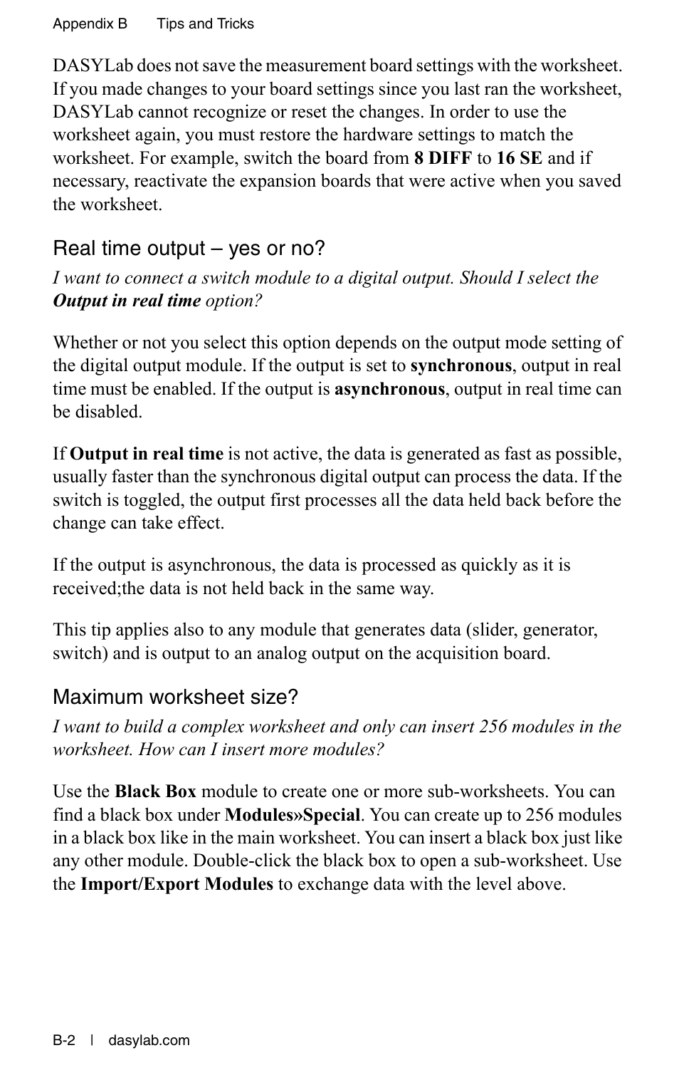 Real time output – yes or no, Maximum worksheet size | Measurement Computing DASYLab User Manual User Manual | Page 72 / 76