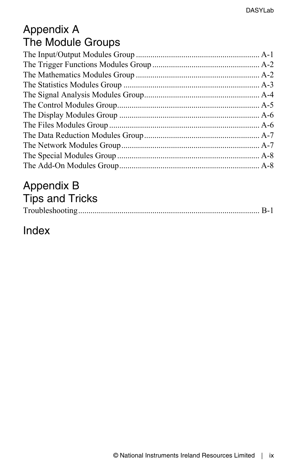 Appendix a the module groups, Appendix b tips and tricks, Index | Measurement Computing DASYLab User Manual User Manual | Page 8 / 76