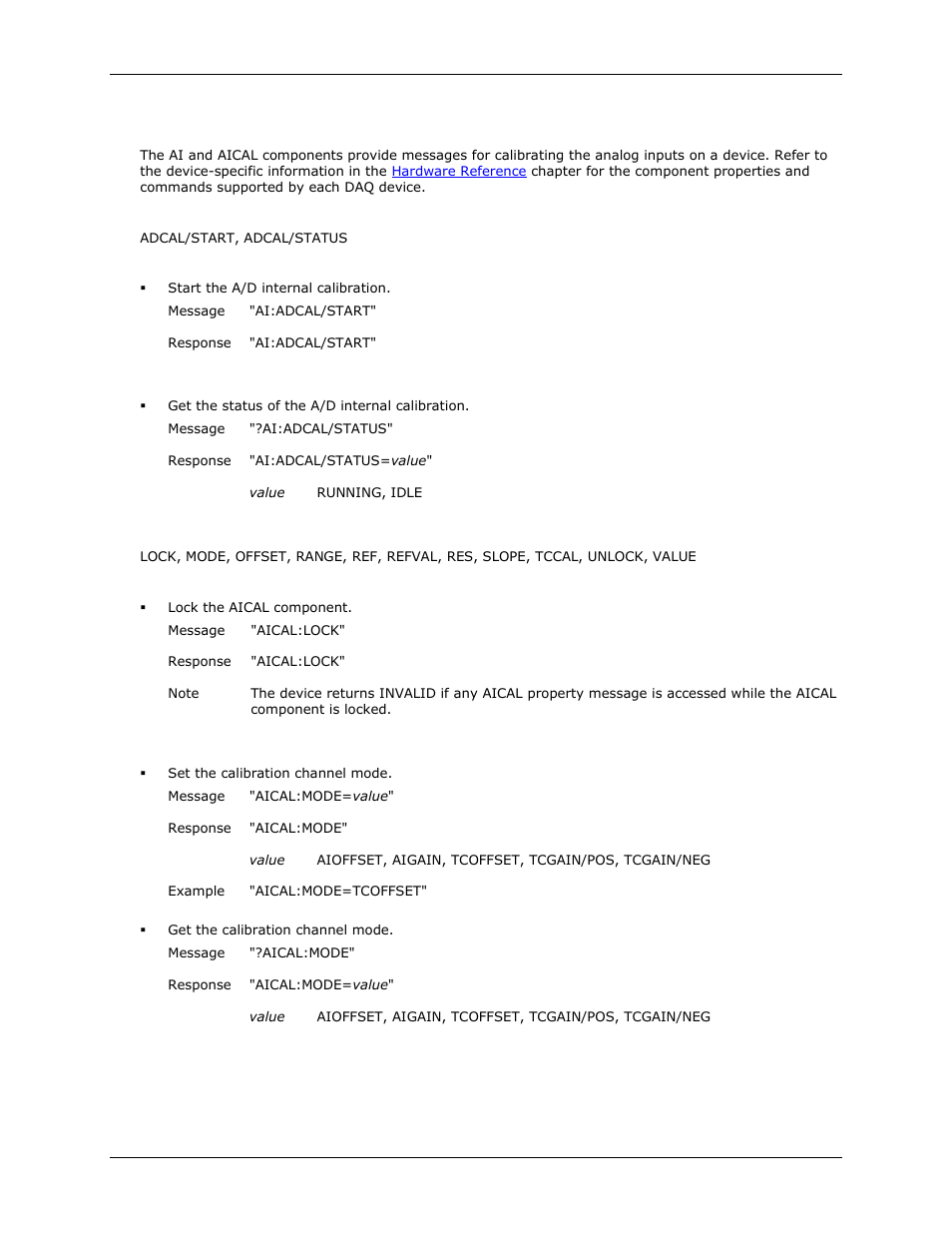Analog input calibration messages, Adcal/start, Adcal/status | Lock, Mode | Measurement Computing DAQFlex User Manual | Page 12 / 46