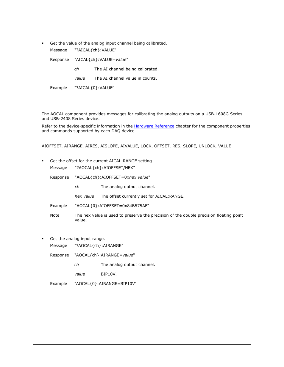 Value, Analog output calibration messages, Aioffset | Airange | Measurement Computing DAQFlex User Manual | Page 16 / 46