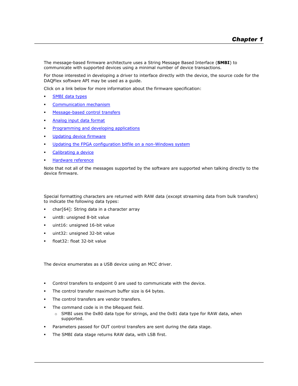 Message-based firmware specification, Smbi data types, Communication mechanism | Control transfers, Chapter 1 | Measurement Computing DAQFlex User Manual | Page 4 / 46