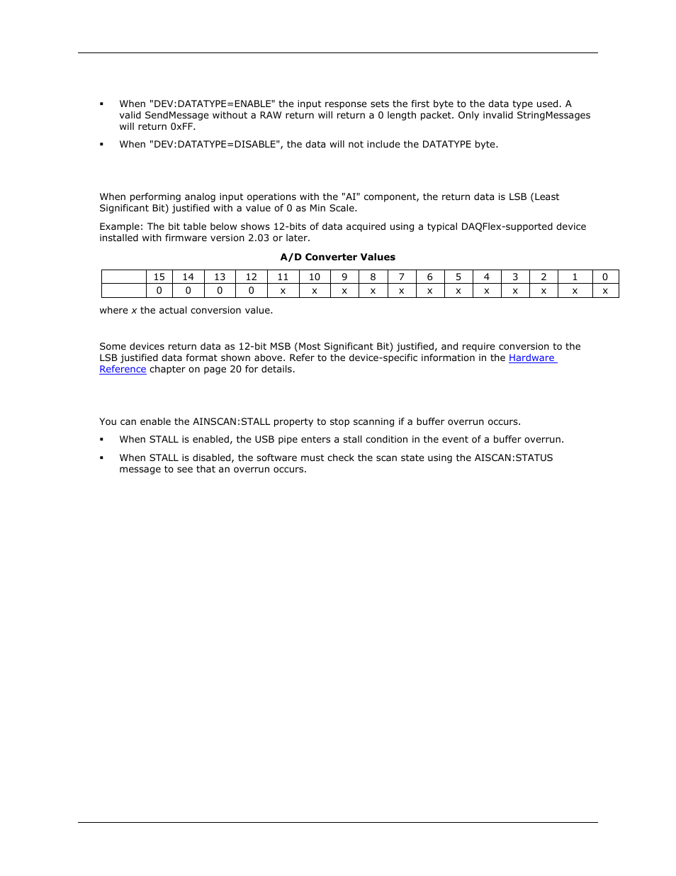 Analog input data format, Handling buffer overruns with the stall property | Measurement Computing DAQFlex User Manual | Page 6 / 46