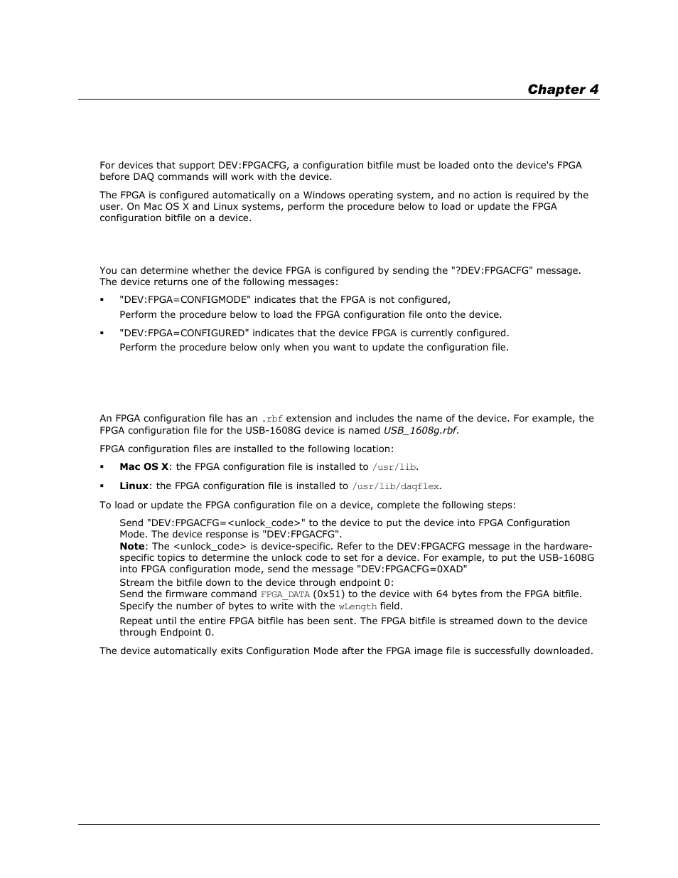 Get the status of the fpga configuration, Chapter 4 | Measurement Computing DAQFlex User Manual | Page 9 / 46