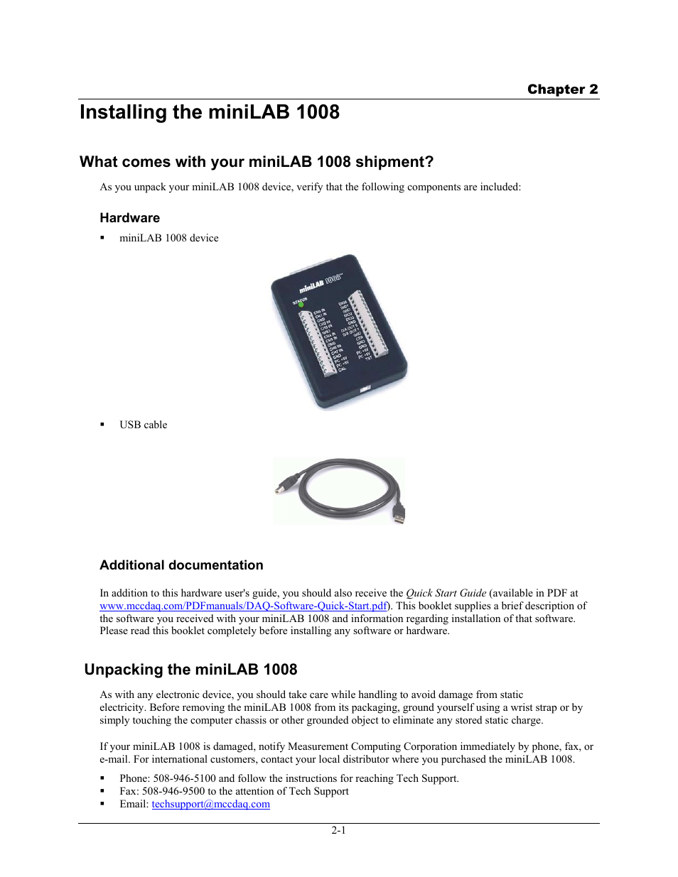 Installing the minilab 1008, What comes with your minilab 1008 shipment, Hardware | Additional documentation, Unpacking the minilab 1008, Installing the minilab 1008 -1, What comes with your minilab 1008 shipment? -1, Hardware -1, Additional documentation -1, Unpacking the minilab 1008 -1 | Measurement Computing miniLAB-1008 User Manual | Page 11 / 34