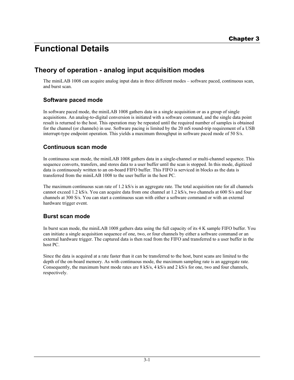 Functional details, Software paced mode, Continuous scan mode | Burst scan mode, Functional details -1, Software paced mode -1, Continuous scan mode -1, Burst scan mode -1 | Measurement Computing miniLAB-1008 User Manual | Page 13 / 34