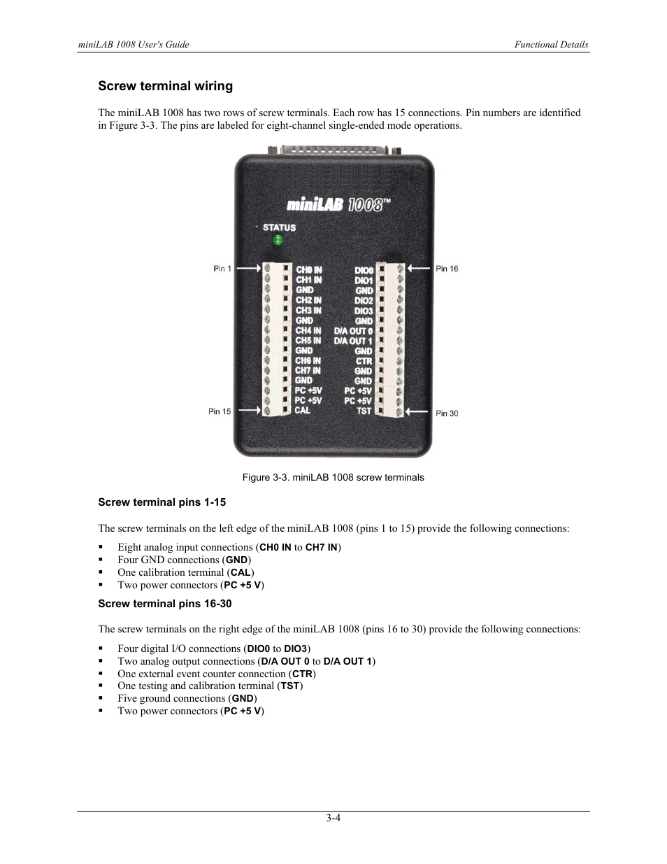 Screw terminal wiring, Screw terminal pins 1-15, Screw terminal pins 16-30 | Screw terminal wiring -4 | Measurement Computing miniLAB-1008 User Manual | Page 16 / 34