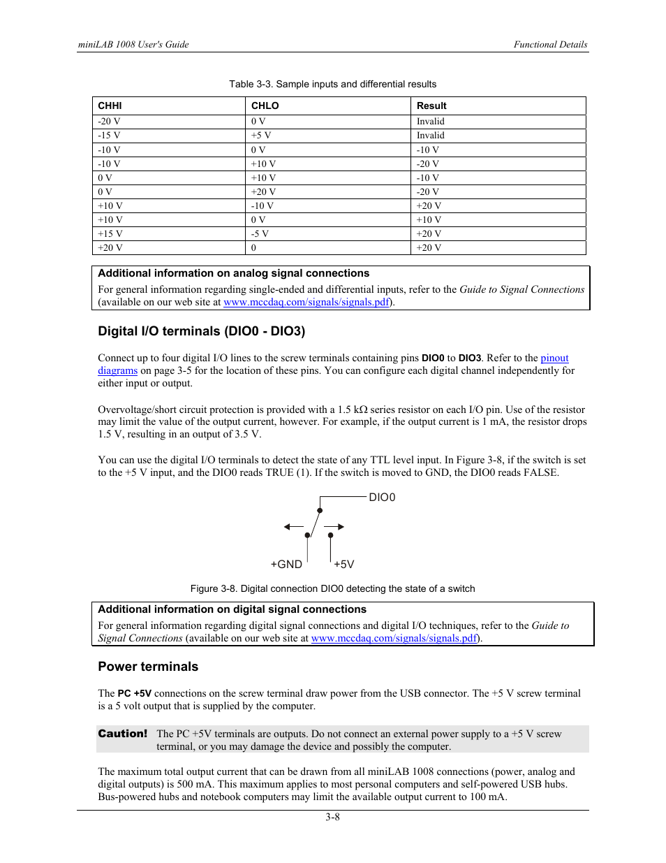 Digital i/o terminals (dio0 - dio3), Power terminals, Digital i/o terminals (dio0 - dio3) -8 | Power terminals -8, A. table 3-3 s | Measurement Computing miniLAB-1008 User Manual | Page 20 / 34