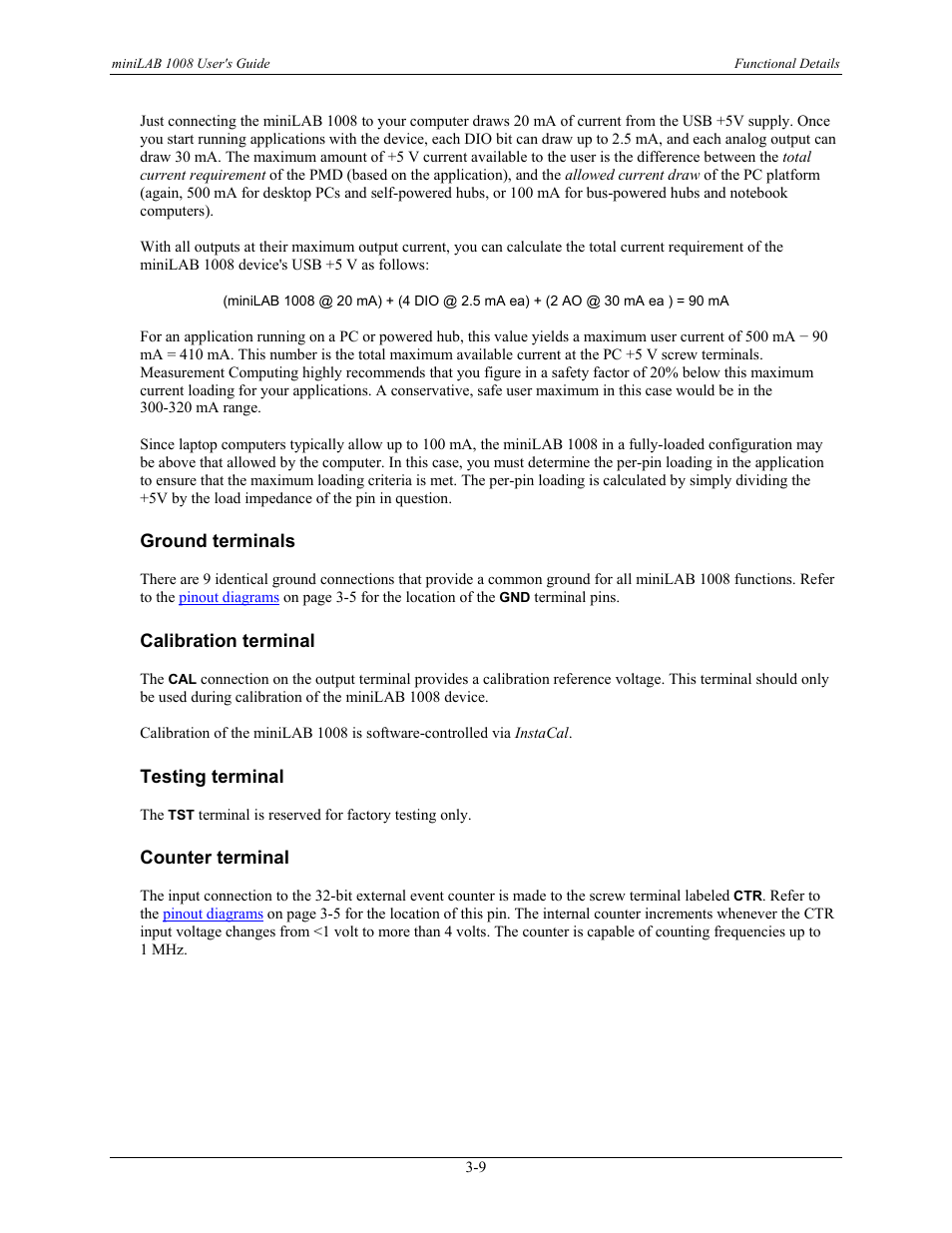 Ground terminals, Calibration terminal, Testing terminal | Counter terminal, Ground terminals -9, Calibration terminal -9, Testing terminal -9, Counter terminal -9 | Measurement Computing miniLAB-1008 User Manual | Page 21 / 34