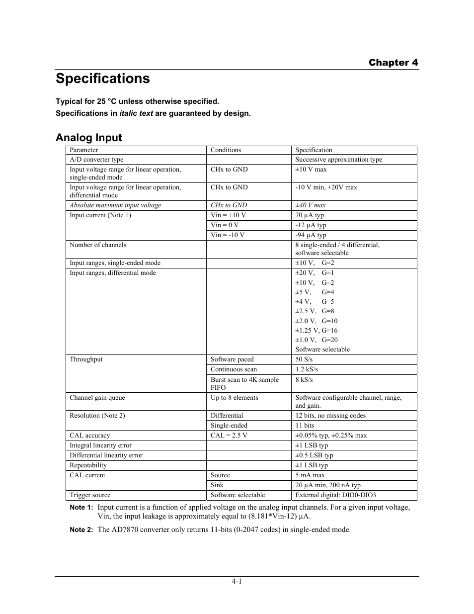 Specifications, Analog input, Specifications -1 | Analog input -1, Chapter 4 | Measurement Computing miniLAB-1008 User Manual | Page 27 / 34