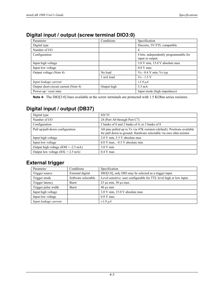Digital input / output (screw terminal dio3:0), Digital input / output (db37), External trigger | Digital input / output (screw terminal dio3:0) -3, Digital input / output (db37) -3, External trigger -3 | Measurement Computing miniLAB-1008 User Manual | Page 29 / 34