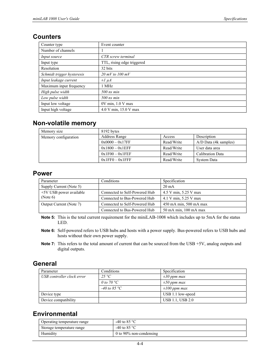 Counters, Non-volatile memory, Power | General, Environmental, Counters -4, Non-volatile memory -4, Power -4, General -4, Environmental -4 | Measurement Computing miniLAB-1008 User Manual | Page 30 / 34